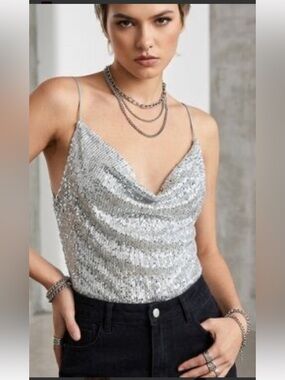 L'Academie Silver Sequin Draped Cowl Camisole
